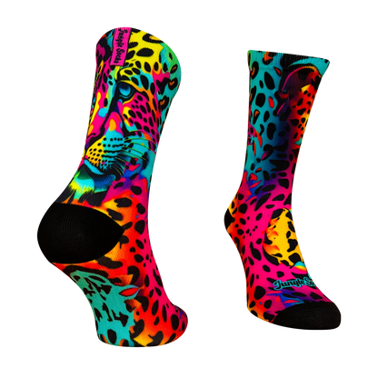 Calcetines coloridos y divertidos deportivos animal print multi color con la cabeza de un tigre en la parte trasera