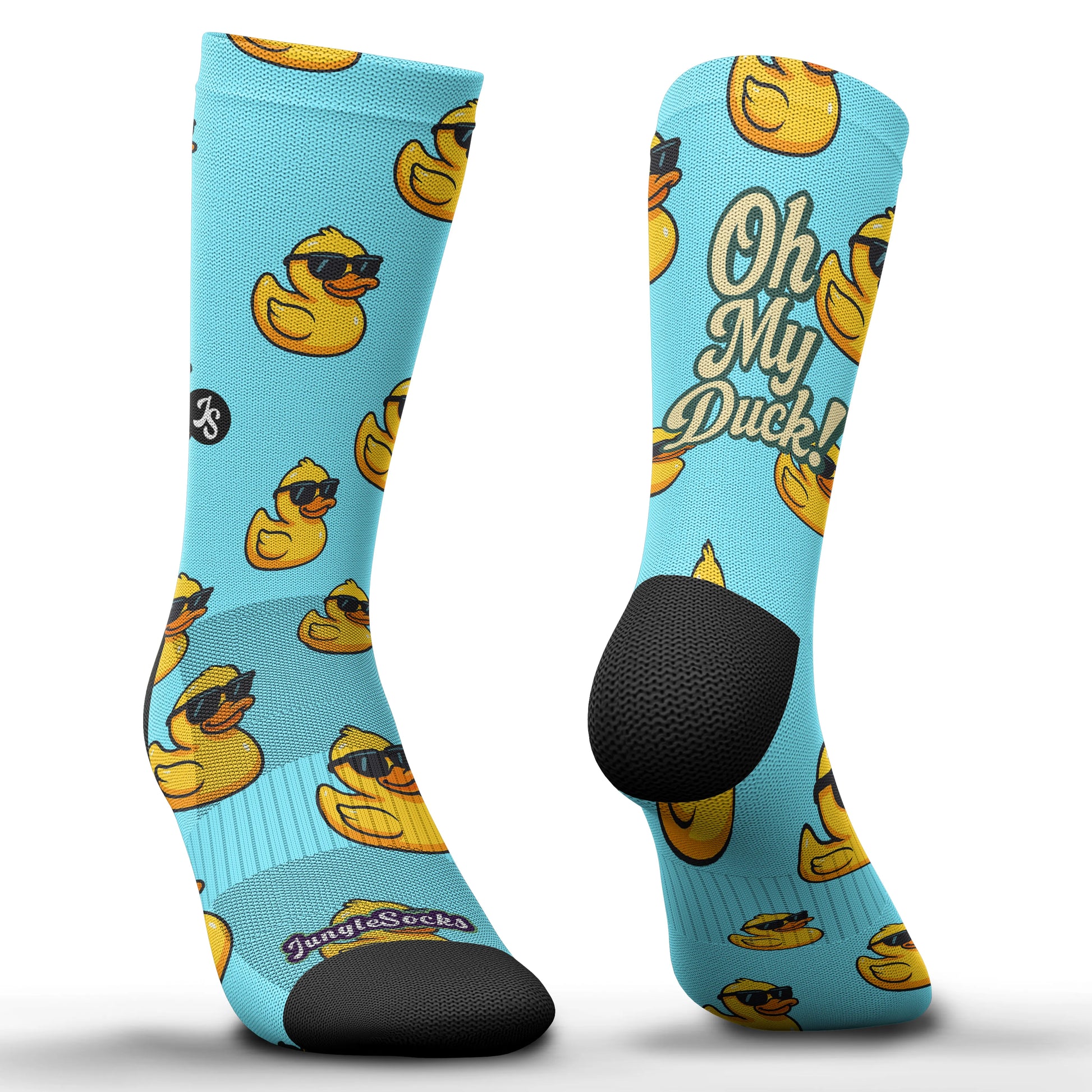 Calcetines técnicos de crossfit, diseño de patitos amarillos con gafas en fondo azul, sin costuras.