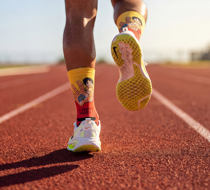 Corredor numa pista de atletismo com as meias de running One Piece Luffy Red